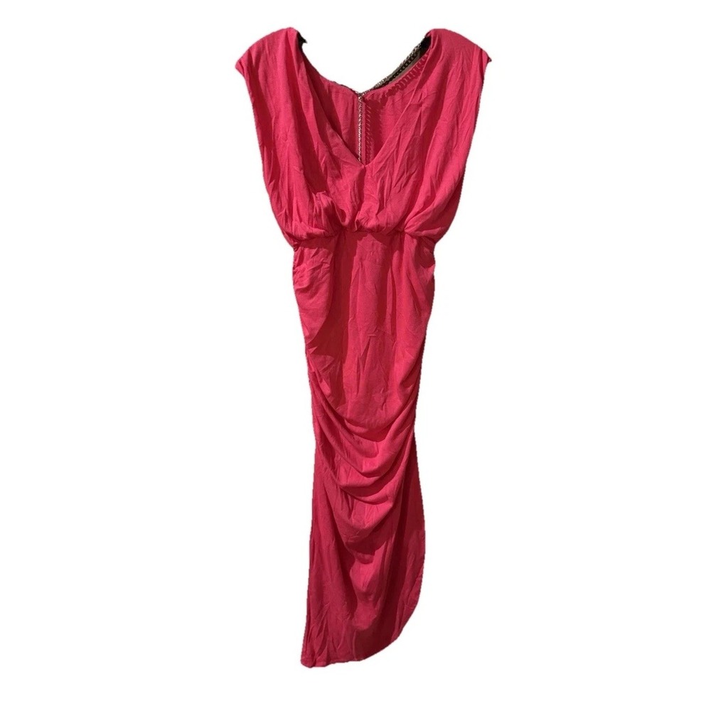 NWT Prinbara Hot Pink Fuchsia Ruched Maxi Dress S V Neck Draped Formal Cocktail